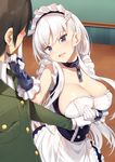  1girl apron azur_lane bangs belfast_(azur_lane) blue_dress blue_eyes blush braid breast_hold breasts broken broken_chain brown_hair buttons chain cleavage collarbone commentary_request corset dress eye_contact eyebrows_visible_through_hair finger_to_another's_mouth frilled_apron frilled_gloves frills gloves green_neckwear hand_up head_tilt hetero holding_hands indoors large_breasts long_hair looking_at_another maid maid_apron maid_headdress necktie open_mouth sleeveless sleeveless_dress standing underbust very_long_hair white_apron yappen 