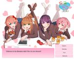  bangs black_legwear blazer blue_eyes blue_skirt blunt_bangs bow brown_hair chin_rest choice commentary crossed_ankles doki_doki_literature_club english eyebrows_visible_through_hair feet_up food frown green_eyes hair_bow hair_ornament hair_ribbon hairclip hand_on_own_chin heart heart_background holding imjayu jacket kneehighs knife korean legs_up light_smile long_hair long_sleeves looking_at_another looking_at_viewer lying monika_(doki_doki_literature_club) muffin multiple_girls natsuki_(doki_doki_literature_club) neck_ribbon no_shoes noose on_stomach open_mouth pantyhose pink_eyes pink_hair plantar_flexion ponytail purple_eyes purple_hair red_bow red_neckwear red_ribbon ribbon sayori_(doki_doki_literature_club) short_hair skirt smile tablet_pc the_pose tomato twintails twitter_username white_bow white_footwear yuri_(doki_doki_literature_club) 
