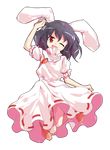  ;d alphes_(style) animal_ears bangs black_hair bunny_ears carrot carrot_necklace dairi dress eyebrows eyebrows_visible_through_hair frilled_sleeves frills full_body hair_between_eyes head_tilt inaba_tewi jewelry necklace one_eye_closed open_mouth parody pink_dress puffy_short_sleeves puffy_sleeves red_eyes ribbon-trimmed_clothes ribbon-trimmed_dress ribbon_trim short_hair short_sleeves smile solo style_parody touhou transparent_background 