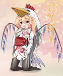  alternate_costume black_legwear blonde_hair detached_sleeves fang flandre_scarlet full_body hair_between_eyes hand_up japanese_clothes kanitama kimono kneeling obi open_mouth pointing pointing_at_self pointy_ears red_eyes rooster_costume sash solo thighhighs touhou white_kimono wings 