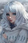  bangs blue_eyes chuby_mi closed_mouth commentary drawstring eyelashes freckles fur_trim highres lips long_hair long_sleeves looking_at_viewer nose original pink_lips realistic solo upper_body white_coat white_hair 