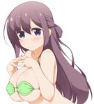  bikini blush braid breasts brown_hair closed_mouth collarbone commentary_request eyebrows_visible_through_hair french_braid half_updo hinata_masaki kyouzuka_shion large_breasts long_hair looking_at_viewer micro_bikini purple_eyes shiny shiny_hair shiny_skin simple_background slow_start steepled_fingers swimsuit upper_body white_background 