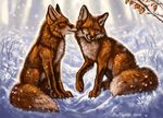  2018 amber_eyes ambiguous_gender black_nose canine digital_drawing_(artwork) digital_media_(artwork) duo feral flashw fox fur mammal orange_fur paws sitting smile snow snowing 
