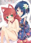  2girls :d animal_ears bangs between_breasts blue_hair blue_kimono blush breast_hold breasts brown_footwear chinese_zodiac cleavage collar commentary_request dog_collar dog_ears eyebrows_visible_through_hair fingernails floral_print flower green_eyes hair_between_eyes hair_flower hair_ornament happy_new_year highres holding holding_leash homura_subaru japanese_clothes kanzashi kimono kimono_removed kneeling large_breasts leash long_hair long_sleeves multiple_girls nail_polish navel new_year nude obi open_mouth original pink_nails print_kimono purple_eyes red_collar red_hair red_kimono sash sitting smile sweat tsumami_kanzashi white_flower white_legwear wide_sleeves year_of_the_dog yuri 