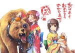  akeome bangs bear boko_(girls_und_panzer) boko_(girls_und_panzer)_(cosplay) brown_eyes brown_hair chain chinese_zodiac closed_eyes collar commentary cosplay dog eyebrows_visible_through_hair flower food fruit girls_und_panzer hair_flower hair_ornament happy_new_year japanese_clothes kimono light_frown looking_at_another looking_back multiple_girls new_year nishizumi_maho nishizumi_miho open_mouth orange paw_print print_kimono raised_eyebrow red_kimono sharp_teeth short_hair siblings sisters smile spiked_collar spikes squatting standing teeth temurei_(vovovov) translated white_background wide_sleeves year_of_the_dog yellow_kimono 