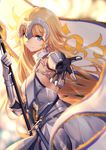  armor armored_dress bison_cangshu blonde_hair blue_eyes blurry chain closed_mouth commentary_request depth_of_field eyebrows_visible_through_hair fate/apocrypha fate/grand_order fate_(series) flag flagpole gauntlets headpiece jeanne_d'arc_(fate) jeanne_d'arc_(fate)_(all) long_hair looking_at_viewer outstretched_arm reaching reaching_out solo yellow_eyes 