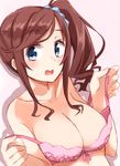  bangs bare_shoulders blue_eyes blush bra breasts brown_hair cleavage collarbone eyebrows_visible_through_hair high_school_fleet highres ise_sakura kapatarou long_hair looking_at_viewer medium_breasts pink_background pink_bra pulled_by_self side_ponytail simple_background solo strap_pull swept_bangs tareme underwear underwear_only undressing upper_body wavy_mouth 