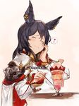  biscuit black_hair cape closed_eyes colorized commentary_request earrings erune food fruit granblue_fantasy hair_between_eyes hand_on_own_cheek heart highres ice_cream ilsa_(granblue_fantasy) jewelry long_hair parfait signature simple_background smile solo spoon strawberry sundae table yashigaras 