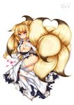  3: alternate_costume animal_ears artist_name black_footwear blonde_hair blush breasts commentary_request covering covering_breasts dated elbow_gloves enmaided flower fox_ears fox_tail frown gloves heart heart_tail highres kayou_(sennen_sensou_aigis) large_breasts long_hair looking_at_viewer maid minaha_(playjoe2005) mole mole_on_breast multiple_tails petals purple_eyes sennen_sensou_aigis shoe_removed shoes simple_background single_shoe solo tail thighhighs torn_clothes torn_gloves torn_legwear white_background white_gloves white_legwear 