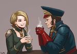  1girl amberley_vail blonde_hair brown_hair coffee commissar commissar_caiphas_cain drink earrings gloves inquisition jewelry lutherniel military military_uniform smoke uniform warhammer_40k 