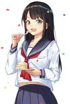  :3 :d bangs black_hair blue_skirt cake commentary_request eyebrows_visible_through_hair fang food fork green_eyes highres holding holding_fork holding_plate itachi_kanade long_hair long_sleeves looking_at_viewer midriff_peek motion_blur neckerchief open_mouth original plate pleated_skirt red_neckwear school_uniform serafuku shirt skirt slice_of_cake smile solo very_long_hair white_background white_shirt 