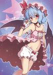  babydoll bare_arms bare_shoulders bat_wings beni_kurage bloomers blue_hair commentary_request cowboy_shot fang hat hat_ribbon highres looking_at_viewer midriff mob_cap navel pointy_ears red_eyes red_ribbon remilia_scarlet ribbon short_hair smile solo star strap_slip touhou underwear white_bloomers wings wrist_cuffs 
