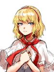  alice_margatroid blonde_hair blue_eyes bow capelet eyebrows_visible_through_hair frown hair_bow highres kuya_(hey36253625) looking_at_viewer neck_ribbon ribbon short_hair solo touhou upper_body white_capelet 