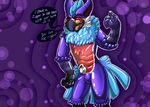  2016 3_fingers abstract_background animate_inanimate anthro avian beak bulge dialogue digital_drawing_(artwork) digital_media_(artwork) english_text inflatable living_inflatable looking_at_viewer male nearu-senpai nozzle nude open_mouth pool_toy purple_background rubber shiny simple_background solo talons text 