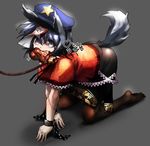  all_fours animal_ears black_hat black_legwear black_skirt blue_eyes blue_hair chain collarbone cuffs dog_ears dog_tail food full_body hair_between_eyes hat highres hijiwryyyyy korean leash looking_at_viewer meat miniskirt miyako_yoshika mouth_hold pantyhose red_shirt shirt simple_background skirt solo star stitches tail tail_raised touhou translation_request 