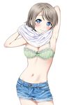  armpits blue_eyes blush body_blush bra breasts brown_hair cleavage commentary_request cowboy_shot denim denim_shorts green_bra groin highres looking_at_viewer love_live! love_live!_sunshine!! medium_breasts navel rozen5 shirt short_hair shorts simple_background smile solo standing underwear undressing watanabe_you white_background white_shirt 