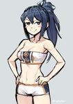  blue_hair blush blush_stickers bra breasts cleavage fire_emblem fire_emblem_if fire_emblem_musou gebyy-terar long_hair looking_at_viewer medium_breasts navel oboro_(fire_emblem_if) ponytail simple_background smile solo underwear 