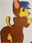  anthro anus balls butt canine chase_(paw_patrol) clothed clothing cub dog german_shepherd hat kecks_(artist) male mammal nude paw_patrol penis simple_background solo young 