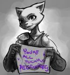  abstract_background armor clothed clothing english_text feline female fur furrymoan grey_fur holding_object invalid_tag katia_managan khajiit mammal monochrome prequel profanity solo text the_elder_scrolls video_games 