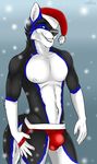  2018 5_fingers absurd_res anthro athletic black_fur black_hair black_nose blue_eyes blue_fur bulge canine christmas cinta clothing dog eyebrows fur gloves_(marking) grin hair hat hi_res holidays husky jockstrap looking_at_viewer male mammal markings multicolored_fur neck_tuft nipples pose santa_hat sharp_teeth smile snow snowing socks_(marking) solo teeth tuft two_tone_fur underwear white_fur 