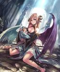  angel_wings anklet artist_request asymmetrical_wings baby baby_carry barefoot blonde_hair blue_eyes crying cygames demon_girl demon_horns demon_tail demon_wings detached_sleeves eyebrows_visible_through_hair horns jewelry long_hair looking_at_viewer official_art pointy_ears roan_winged_nexx ruins shadowverse shingeki_no_bahamut tail very_long_hair wings 
