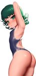  arm_up armpits ass banned_artist blush breasts competition_swimsuit curly_hair green_eyes green_hair highres looking_at_viewer one-piece_swimsuit one-punch_man otto short_hair signature small_breasts solo swimsuit tatsumaki thick_thighs thighs watermark web_address white_background 