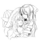  2girls ascot blush bow crying detached_sleeves eyes_closed hair_between_eyes hair_bow hair_tubes hakurei_reimu hat hat_bow hug kirisame_marisa long_hair monochrome multiple_girls open_mouth puffy_short_sleeves puffy_sleeves saple short_sleeves sidelocks sketch touhou upper_body upper_teeth wavy_hair wing_collar witch_hat 