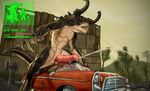  2017 animal_genitalia anthro big_penis car claws cum deathclaw digital_media_(artwork) english_text erection fallout genital_slit hi_res horn johawk knot male nude orgasm outside penis scalie slit solo text tongue tongue_out vehicle video_games 