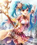  aqua_hair artist_request banner bracelet breasts cleavage crystal cygames earrings eyebrows_visible_through_hair hair_ornament jewelry looking_at_viewer medium_breasts necklace official_art orange_eyes radiant_shaman revealing_clothes shadowverse shingeki_no_bahamut smile solo staff tattoo thigh_strap tribal_tattoo twintails 