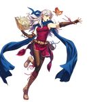  armpits bangs belt belt_pouch bird book boots bracelet breasts brown_footwear cozy dress elbow_gloves eyebrows_visible_through_hair fingerless_gloves fire_emblem fire_emblem:_akatsuki_no_megami fire_emblem_heroes full_body gloves hair_ribbon highres holding holding_book jewelry leg_up long_hair looking_away medium_breasts micaiah official_art open_mouth pantyhose pouch ribbon scarf short_dress silver_hair solo transparent_background yune 