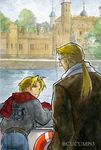  :d artist_name belt blonde_hair city coat edward_elric father_and_son fullmetal_alchemist glasses gloves grey_shirt long_hair looking_at_another looking_back male_focus multiple_boys open_mouth pants ponytail scarf shirt short_hair smile tree twitter_username urikurage van_hohenheim white_shirt yellow_eyes 