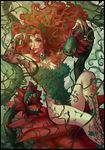  absurdres artist_name batman_(series) black_border border breasts cleavage dc_comics green_eyes green_nails highres large_breasts lipstick long_hair makeup mauricio_mora nail_polish open_mouth parted_lips plant poison_ivy red_hair red_lips sharp_teeth sitting solo teeth vines 