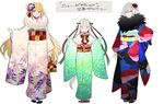  blonde_hair blue_eyes capelet commentary_request fate/grand_order fate_(series) floral_print flower fur-trimmed_capelet fur-trimmed_kimono fur_collar fur_trim hair_flower hair_ornament hair_ribbon highres japanese_clothes jeanne_d'arc_(alter)_(fate) jeanne_d'arc_(fate)_(all) jeanne_d'arc_alter_santa_lily kimono long_hair multiple_girls nozaki_tsubata obi print_obi ribbon sash scowl short_hair silver_hair simple_background sketch smile spider_lily translation_request white_background white_capelet yellow_eyes 