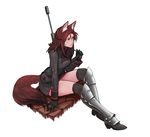  absurdres animal_ears armor black_gloves black_jacket black_legwear boots braid brown_eyes brown_hair closed_mouth commission gloves gun hair_between_eyes highres jacket less lips long_hair original pink_lips simple_background sitting solo tail thighhighs weapon white_background 
