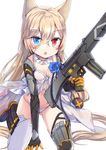  animal_ears assault_rifle babydoll bangs black_footwear black_gloves blue_eyes blush boots breasts chestnut_mouth cleavage collarbone detached_collar elbow_gloves eyebrows_visible_through_hair fang g41_(girls_frontline) girls_frontline gloves groin gun h&amp;k_g41 hair_between_eyes hair_ornament heterochromia holding holding_gun holding_weapon jin_young-in kneeling light_brown_hair long_hair looking_at_viewer medium_breasts navel object_namesake panties red_eyes rifle simple_background solo thighhighs underwear underwear_only very_long_hair weapon white_background white_legwear white_panties 