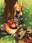  animal_humanoid armor belt breasts brown_eyes buckle cloak clothed clothing dav-19 detailed_background dog_days duo eye_contact fan_character female fox_humanoid fully_clothed gloves grass green_eyes hair head_on_lap high-angle_view humanoid jewelry leaning male mammal necklace ninja on_lap orange_hair outside plate_armor ponytail red_hair ribbons shirt sitting tree yukikaze_panettone 