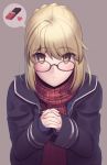  1girl ahoge artoria_pendragon_(all) bangs blonde_hair blush boa_(brianoa) braid braided_bun chocolate eyebrows_visible_through_hair eyes_visible_through_hair fate/grand_order fate_(series) glasses grey-framed_eyewear grey_background grey_jacket hair_between_eyes hair_bun hands_up highres interlocked_fingers jacket long_sleeves looking_at_viewer mysterious_heroine_x_(alter) own_hands_together parted_lips pince-nez red_scarf scarf solo spoken_object upper_body yellow_eyes 