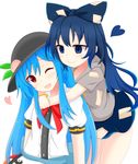  bangs black_hat blue_bow blue_eyes blue_hair blue_skirt bow bracelet commentary_request empty_eyes food fruit hair_bow hat heart highres hinanawi_tenshi hood hood_down hoodie hug hug_from_behind jewelry leaf long_hair looking_at_another miniskirt multiple_girls one_eye_closed open_mouth peach red_eyes shirt short_hair short_sleeves shunki skirt touhou white_background white_shirt yorigami_shion yuri 