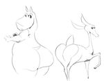  anthro bedroom_eyes big_butt butt cervine crossover deer duo eyelashes female feral giselle gloria_(madagascar) half-closed_eyes hi_res hippopotamus looking_at_viewer looking_back madagascar mammal monochrome nude open_season pose practice seductive short_tail simple_background sketch slightly_chubby standing unknown_artist white_background 