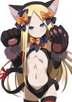  abigail_williams_(fate/grand_order) absurdres animal_ears arms_up black_gloves black_legwear black_leotard blonde_hair blue_eyes bow cat_ears cat_tail center_opening commentary_request cosplay cowboy_shot expressionless fake_animal_ears fate/grand_order fate/kaleid_liner_prisma_illya fate_(series) flat_chest gloves hair_bow hairband highres illyasviel_von_einzbern illyasviel_von_einzbern_(cosplay) leotard long_hair paw_gloves paw_pose paws revealing_clothes ribbon shimejinameko solo tail thighhighs very_long_hair 