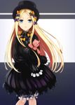  abigail_williams_(fate/grand_order) absurdres bangs black_bow black_dress black_hat blonde_hair bloomers blue_eyes bow bug butterfly dress fate/grand_order fate_(series) forehead hair_bow hat highres insect long_hair long_sleeves looking_at_viewer object_hug orange_bow parted_bangs parted_lips polka_dot polka_dot_bow sleeves_past_fingers sleeves_past_wrists solo stuffed_animal stuffed_toy teddy_bear underwear very_long_hair white_bloomers yutama 