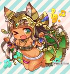  &gt;_o ;d animal_ears anklet bandeau bangs bare_shoulders barefoot bastet_(p&amp;d) beamed_eighth_notes blunt_bangs blush bracelet brown_hair cat_ears cat_girl cat_tail commentary_request dark_skin diagonal-striped_background diagonal_stripes egyptian eyebrows_visible_through_hair fang full_body green_eyes jewelry long_hair looking_at_viewer marshmallow_mille midriff musical_note navel one_eye_closed open_mouth paw_pose puzzle_&amp;_dragons skirt smile solo striped striped_background tail treble_clef twitter_username very_long_hair white_skirt 