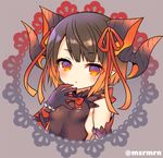  bangs black_gloves blush bow bowtie breasts brown_hair brown_shirt dragon_girl dragon_horns elbow_gloves eyebrows_visible_through_hair gloves gradient_hair grey_background hair_ribbon horns looking_at_viewer marshmallow_mille multicolored_hair myr_(p&amp;d) orange_hair orange_ribbon parted_lips pointy_ears puzzle_&amp;_dragons red_eyes red_neckwear ribbon shirt sleeveless sleeveless_shirt small_breasts solo twitter_username 