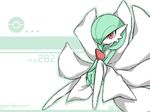  1girl artist_request between_legs character_name english female full_body gardevoir green_background green_hair hair_over_one_eye hand_between_legs hands_together no_humans poke_ball_theme pokemon pokemon_(creature) pokemon_rse red_eyes short_hair simple_background sitting solo text v_arms 