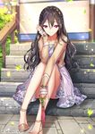  brown_hair closed_mouth copyright_name dress floral_print interitio looking_at_viewer official_art outdoors pink_dress pink_eyes sid_story sitting smile solo stairs sunlight 