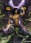  abdul_alhazred_(force_of_will) abs beard black_hair chest copyright_name earrings eldritch_abomination facial_hair facial_mark force_of_will forehead_mark glowing glowing_eyes gozz jewelry long_hair magic_circle male_focus official_art shirtless solo tattoo tentacles white_eyes 