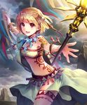  artist_request banner blonde_hair bracelet crystal cygames eyebrows_visible_through_hair hair_ornament jewelry looking_at_viewer necklace official_art radiant_shaman red_eyes revealing_clothes shadowverse shingeki_no_bahamut short_hair smile solo staff strapless tattoo thigh_strap tribal_tattoo tubetop 