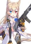  animal_ears assault_rifle babydoll bangs black_footwear black_gloves blue_eyes blush boots breasts chestnut_mouth cleavage collarbone detached_collar elbow_gloves eyebrows_visible_through_hair fang g41_(girls_frontline) girls_frontline gloves groin gun h&amp;k_g41 hair_between_eyes hair_ornament heterochromia holding holding_gun holding_weapon jin_young-in kneeling light_brown_hair long_hair looking_at_viewer medium_breasts navel object_namesake pleated_skirt red_eyes rifle see-through simple_background skirt solo thighhighs very_long_hair weapon white_background white_legwear white_skirt 