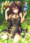  azu_torako banned_artist blue_eyes blush bracelet breasts cleavage crystal dated dress frills grass highres holding horns jewelry kneeling large_breasts long_hair looking_at_viewer original signature solo staff 