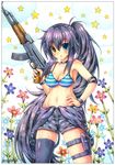  :o ak-47 artist_name assault_rifle bangs bare_shoulders bikini_top black_choker black_hair black_legwear blue_eyes blush breasts choker cleavage cloud commentary emperpep english_commentary eyebrows_visible_through_hair fingernails flower gun hair_between_eyes hand_on_hip heterochromia highres holding holding_gun holding_weapon long_hair looking_at_viewer medium_breasts nail_polish navel original outdoors overall_shorts overalls overalls_pull parted_lips pink_flower ponytail purple_flower rifle single_thighhigh sky solo star striped_bikini_top thigh_strap thighhighs traditional_media very_long_hair watercolor_(medium) weapon white_nails yellow_eyes yellow_flower 